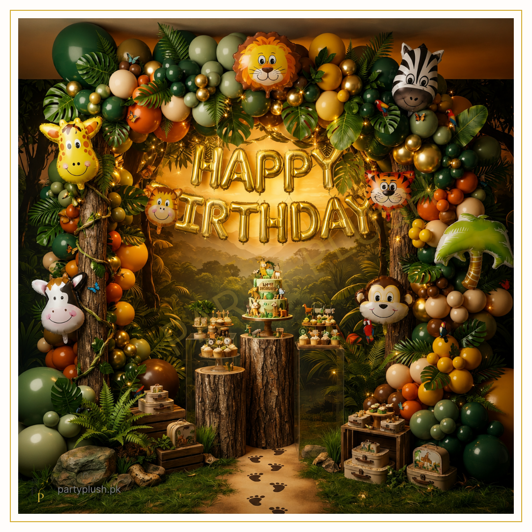 Luxury jungle safari birthday decoration with gold Happy Birthday foil balloons, safari animal balloons, green balloon arch, tropical leaves and birthday party backdrop.