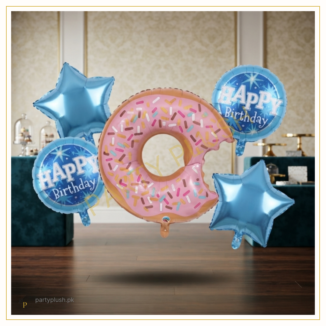 5 pcs donut Happy Birthday foil balloon set with pink donut, blue star and round birthday balloons