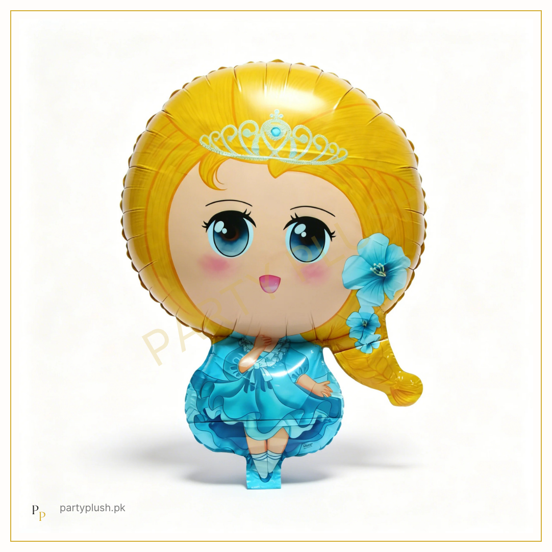 large blue princess foil balloon with golden hair crown and blue dress for girls birthday decoration