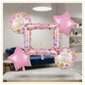 5 pcs pink Happy Birthday foil balloon set with photo frame, round birthday balloons and pink star balloons