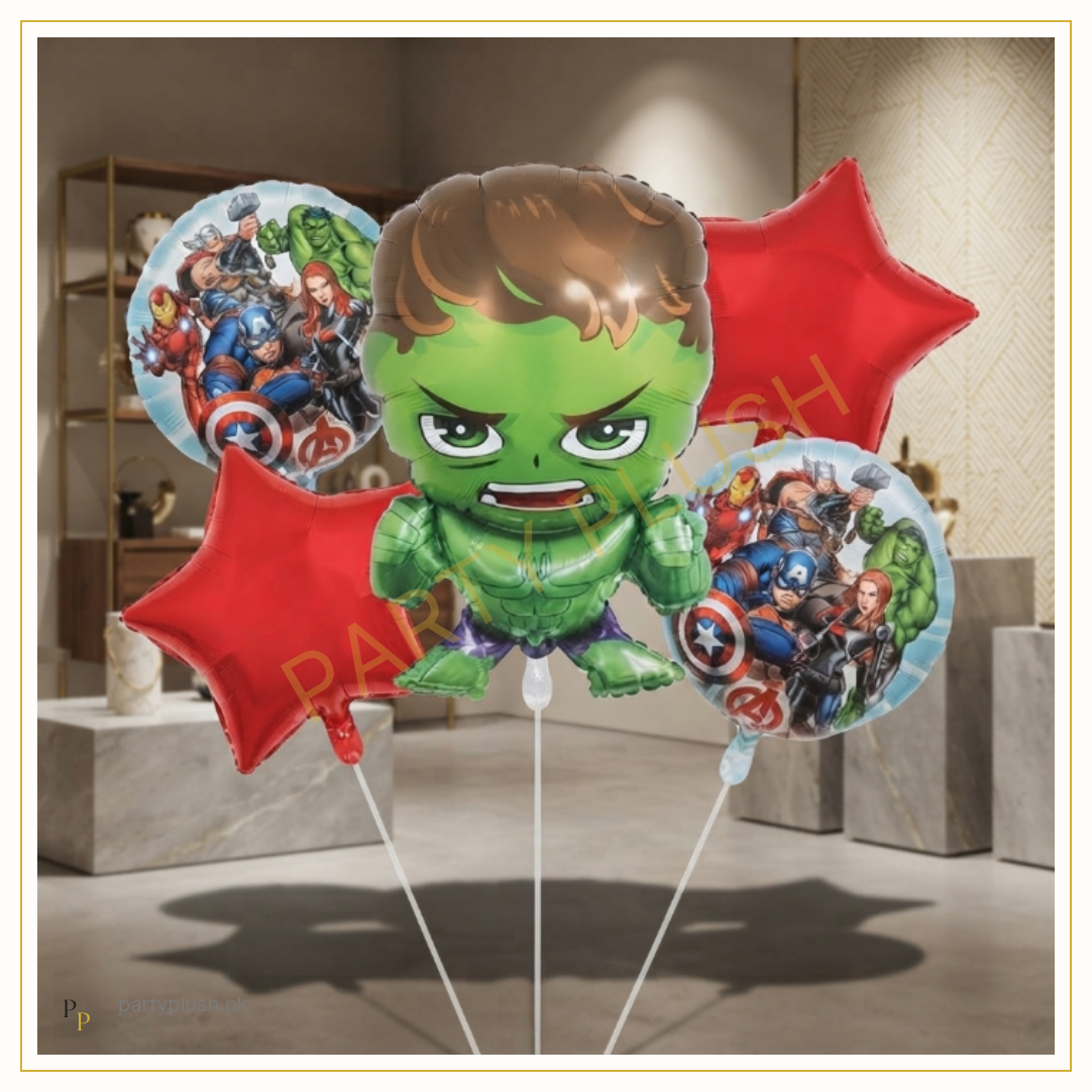 5 pcs Hulk and Avengers birthday foil balloon set with large green Hulk balloon, two Avengers balloons and red star balloons