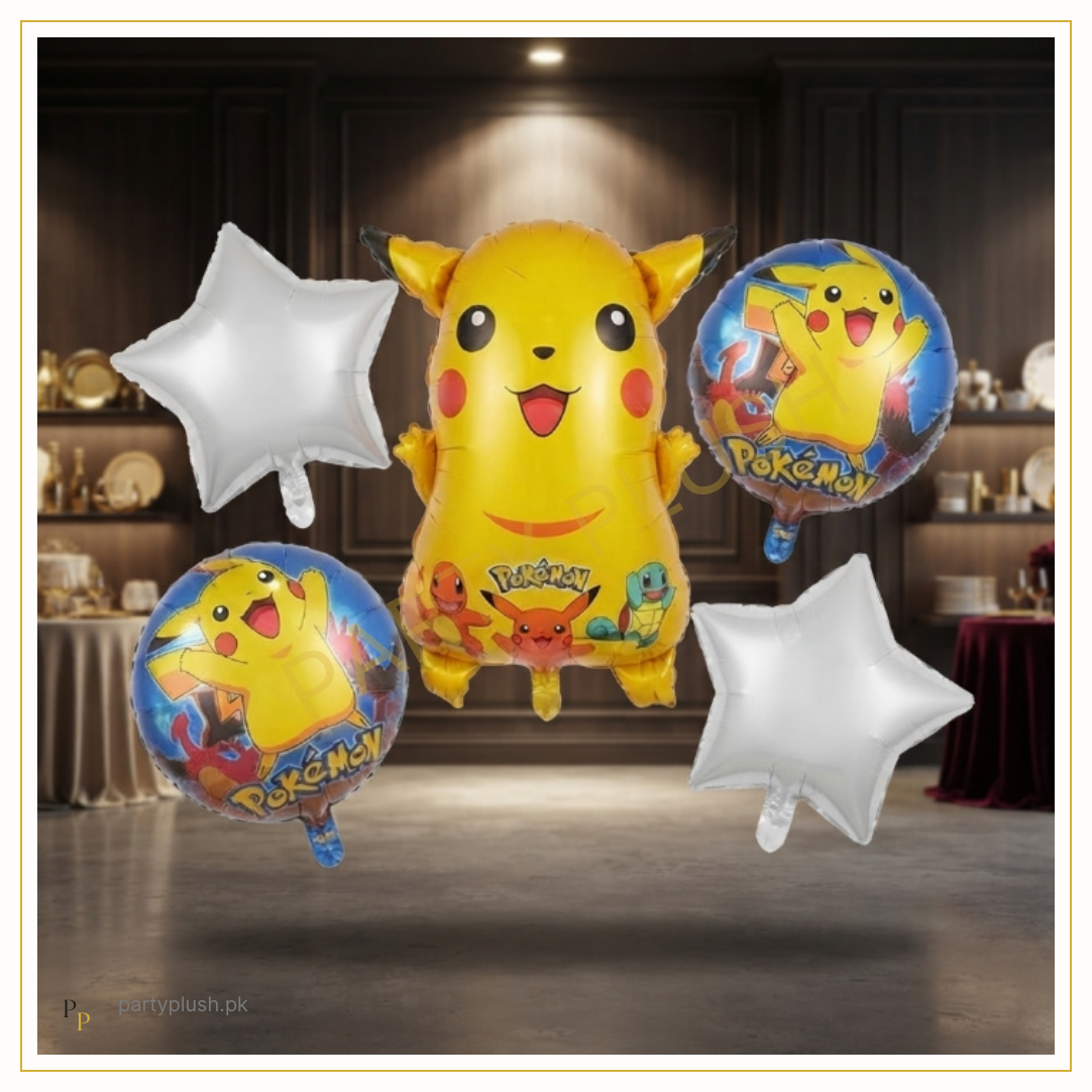 5 pcs Pikachu Pokémon birthday foil balloon set with large yellow Pikachu balloon, two round Pokémon balloons and silver star balloons