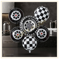 5 pcs racing car wheel foil balloon set with tyre balloons and black white checkered racing balloons