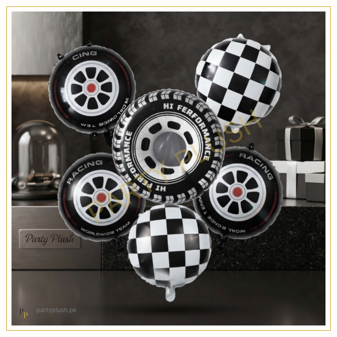 5 pcs racing car wheel foil balloon set with tyre balloons and black white checkered racing balloons