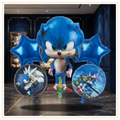 5 pcs Sonic birthday foil balloon set with large blue Sonic balloon, two printed round balloons and blue star balloons