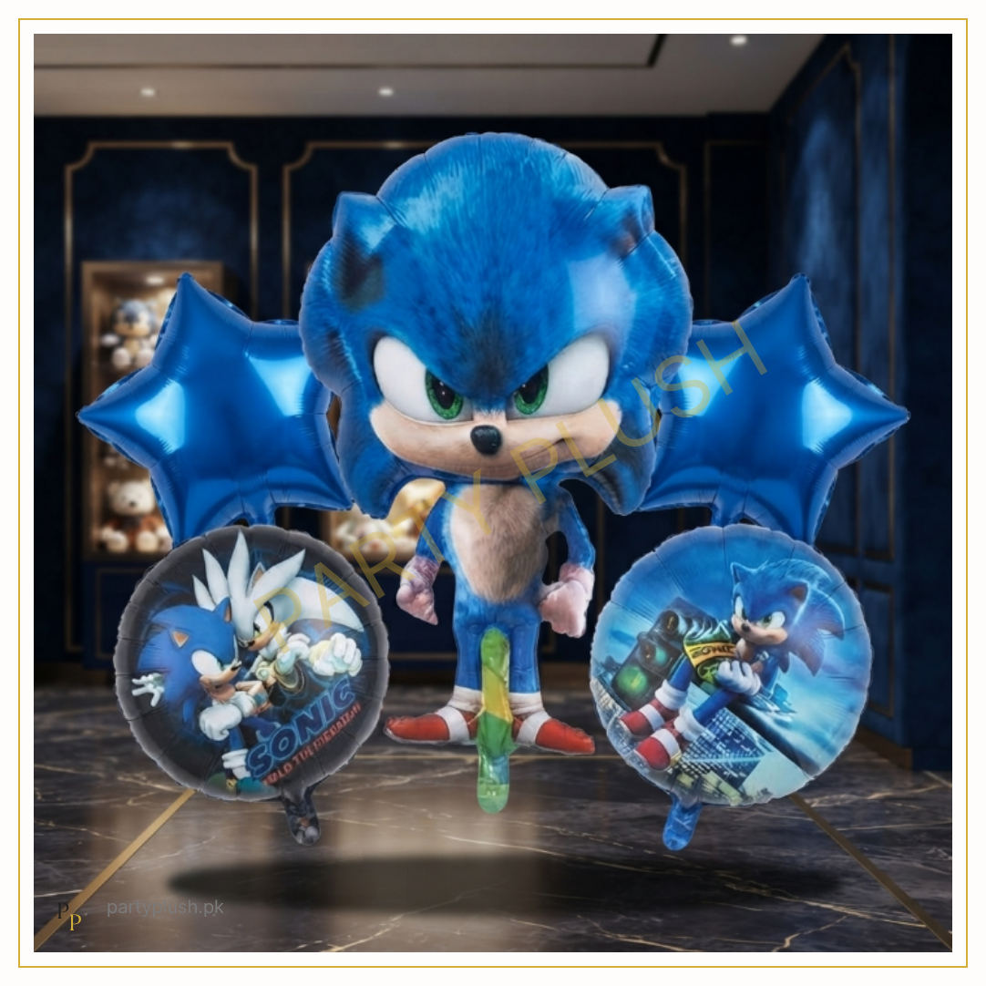 5 pcs Sonic birthday foil balloon set with large blue Sonic balloon, two printed round balloons and blue star balloons