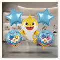 Baby Shark 5 Pcs foil balloon decoration set featuring one large yellow shark, two blue star balloons, and two Baby Shark printed round foil balloons.