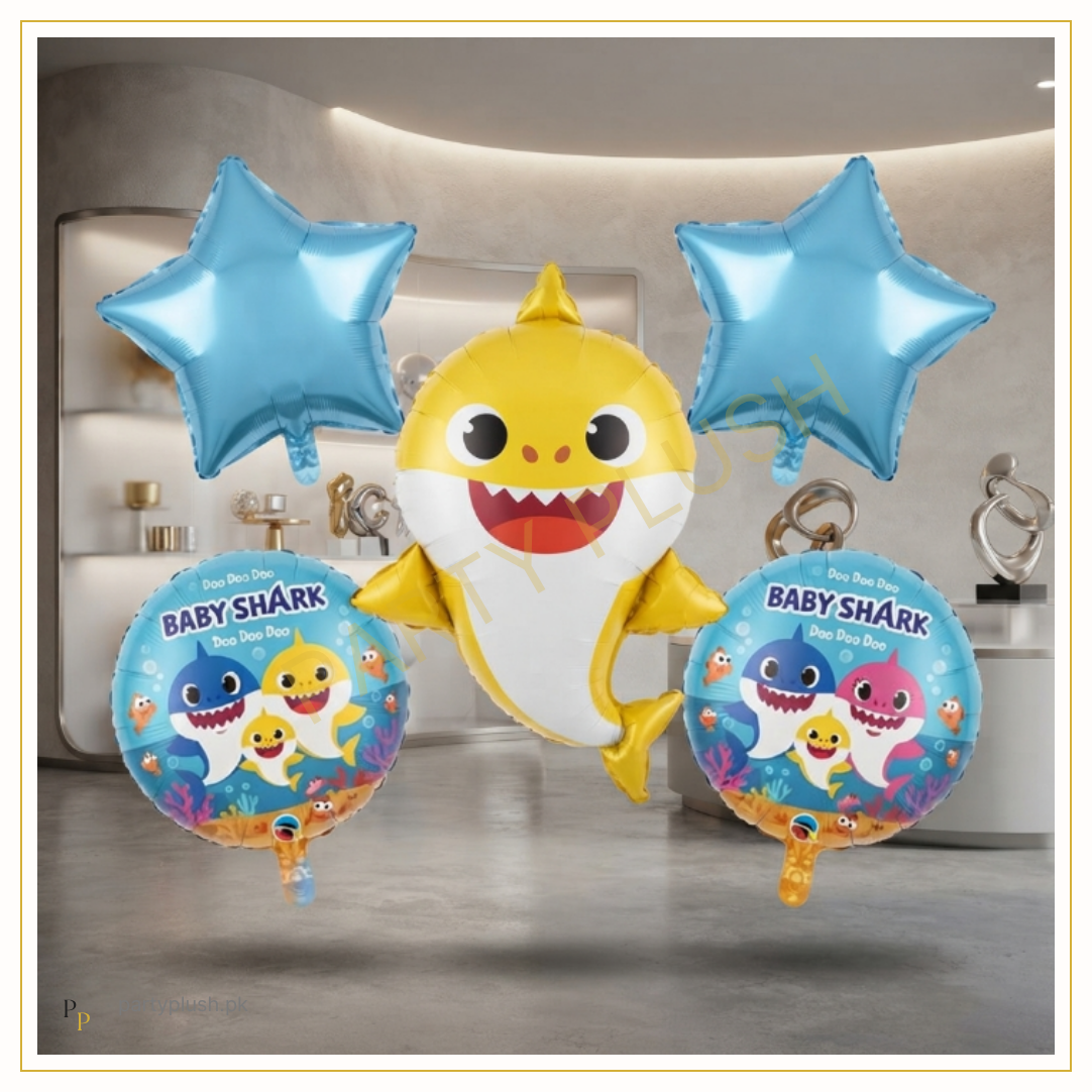 Baby Shark 5 Pcs foil balloon decoration set featuring one large yellow shark, two blue star balloons, and two Baby Shark printed round foil balloons.