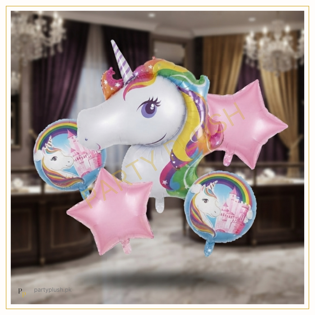 5 pcs rainbow unicorn birthday foil balloon set with large unicorn, two printed round balloons and pink star balloons