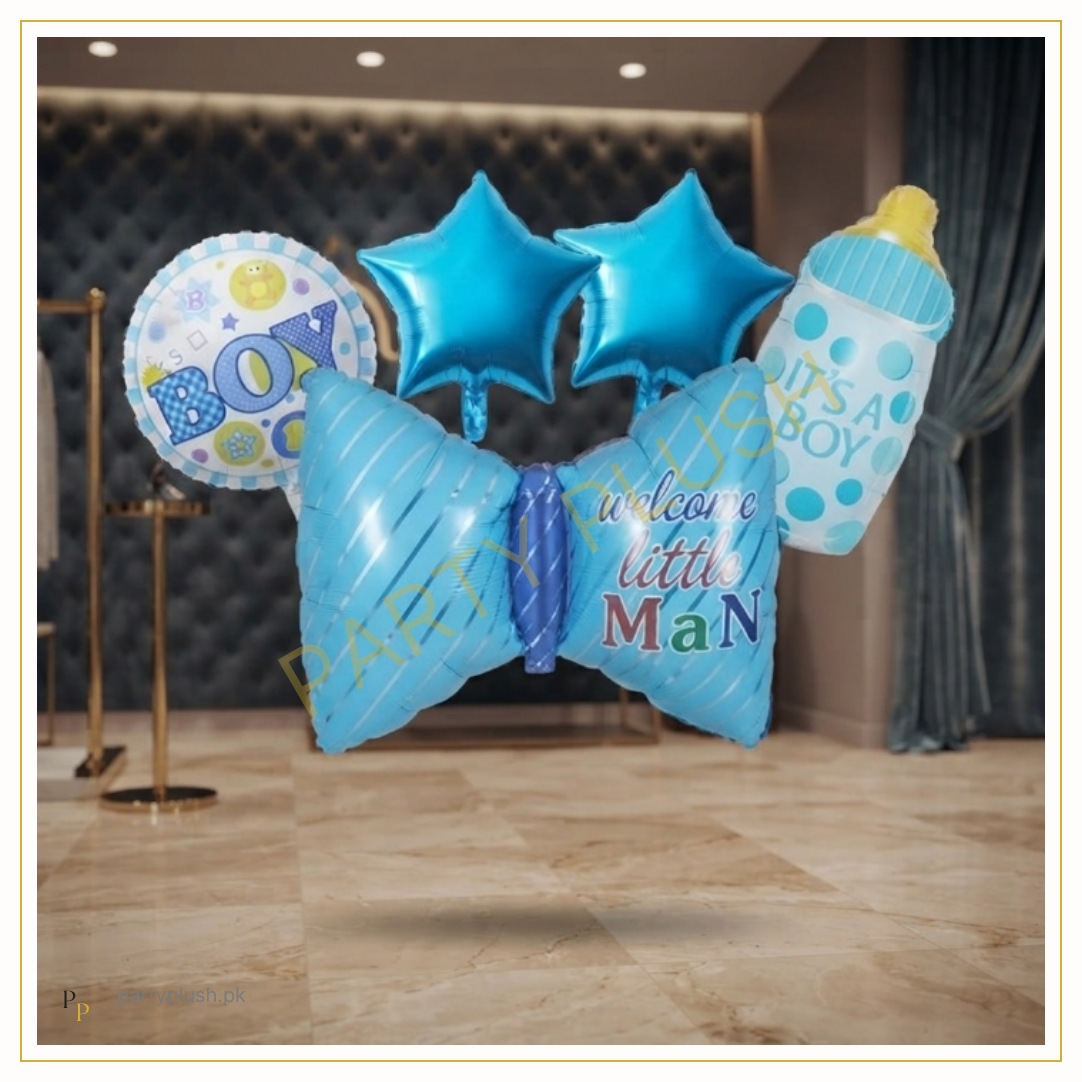5 pcs Welcome Baby Boy foil balloon set with blue bow, baby bottle, Boy balloon and blue star balloons