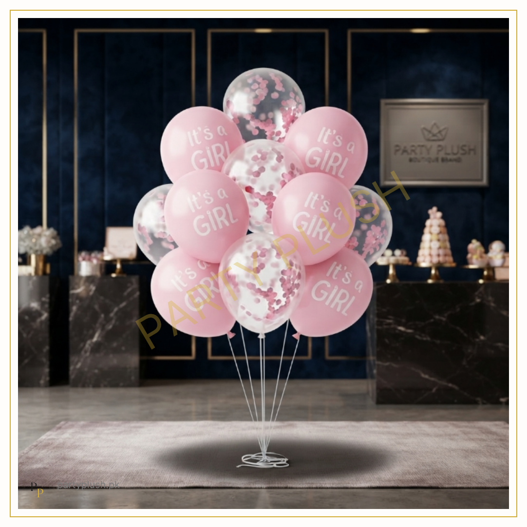 10 pcs It’s a Girl pink baby shower balloon set with printed latex and pink confetti balloons