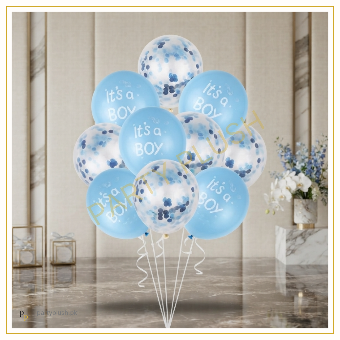 10 pcs It’s a Boy blue baby shower balloon set with printed latex and blue confetti balloons