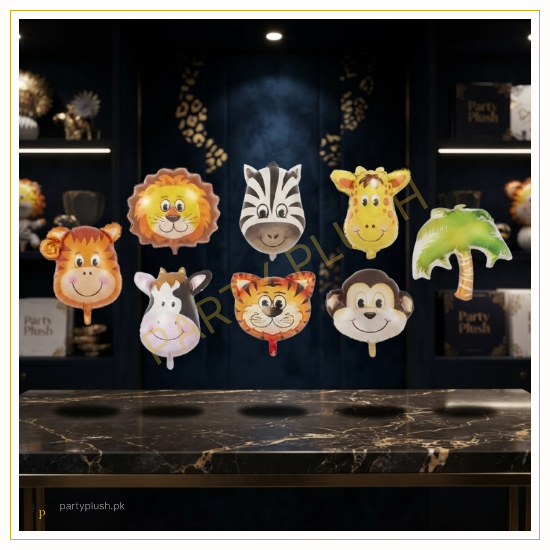 7 pcs jungle safari animal foil balloon set with lion zebra giraffe tiger monkey horse and palm tree balloons