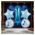 5 pcs blue first birthday boy foil balloon set with number 1 balloon, two round birthday balloons and blue star balloons