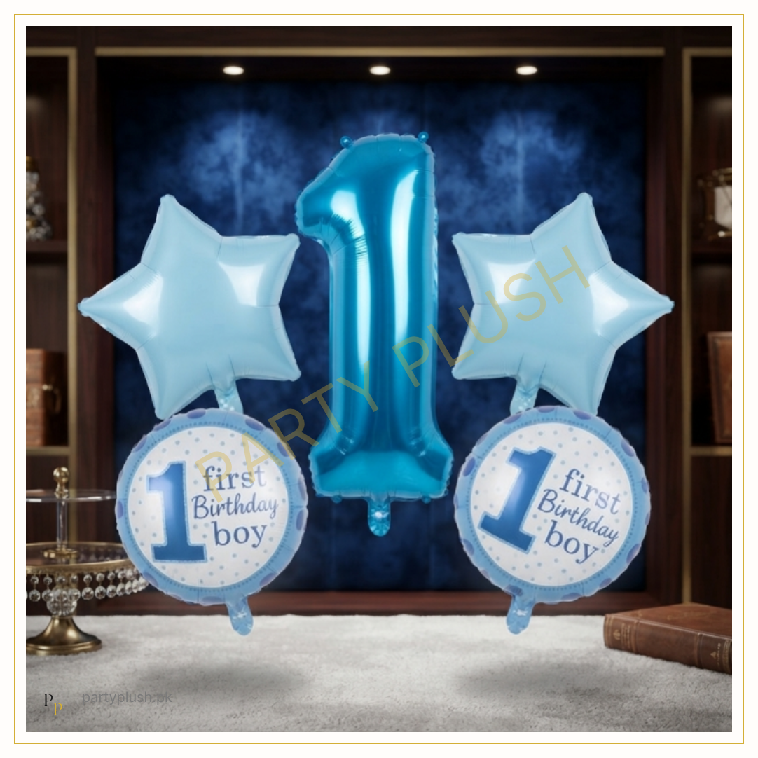 5 pcs blue first birthday boy foil balloon set with number 1 balloon, two round birthday balloons and blue star balloons