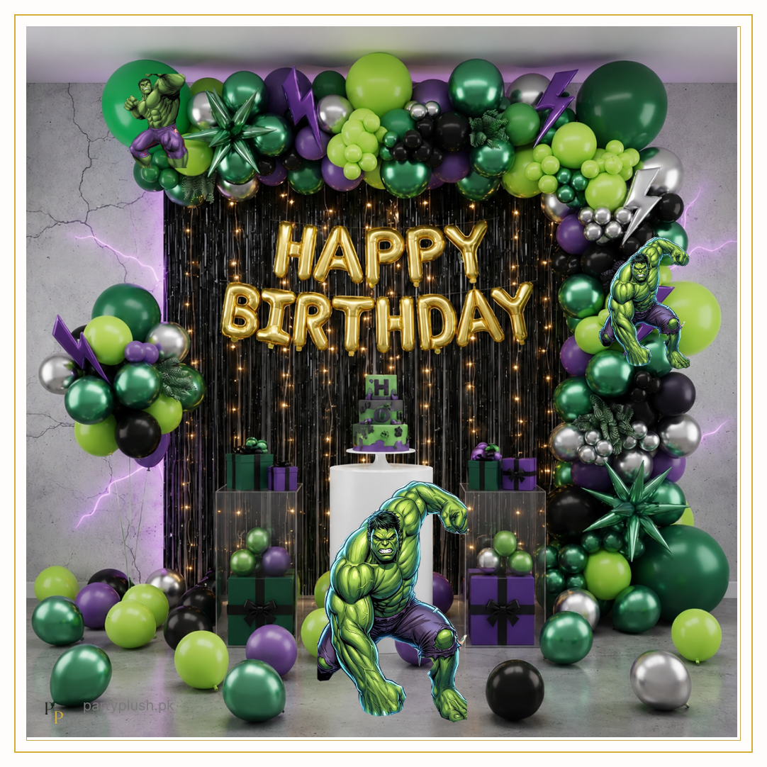 Hulk birthday balloon decoration with green black balloon garland, Hulk foil balloons, black fringe curtain, fairy lights and Happy Birthday foil banner.