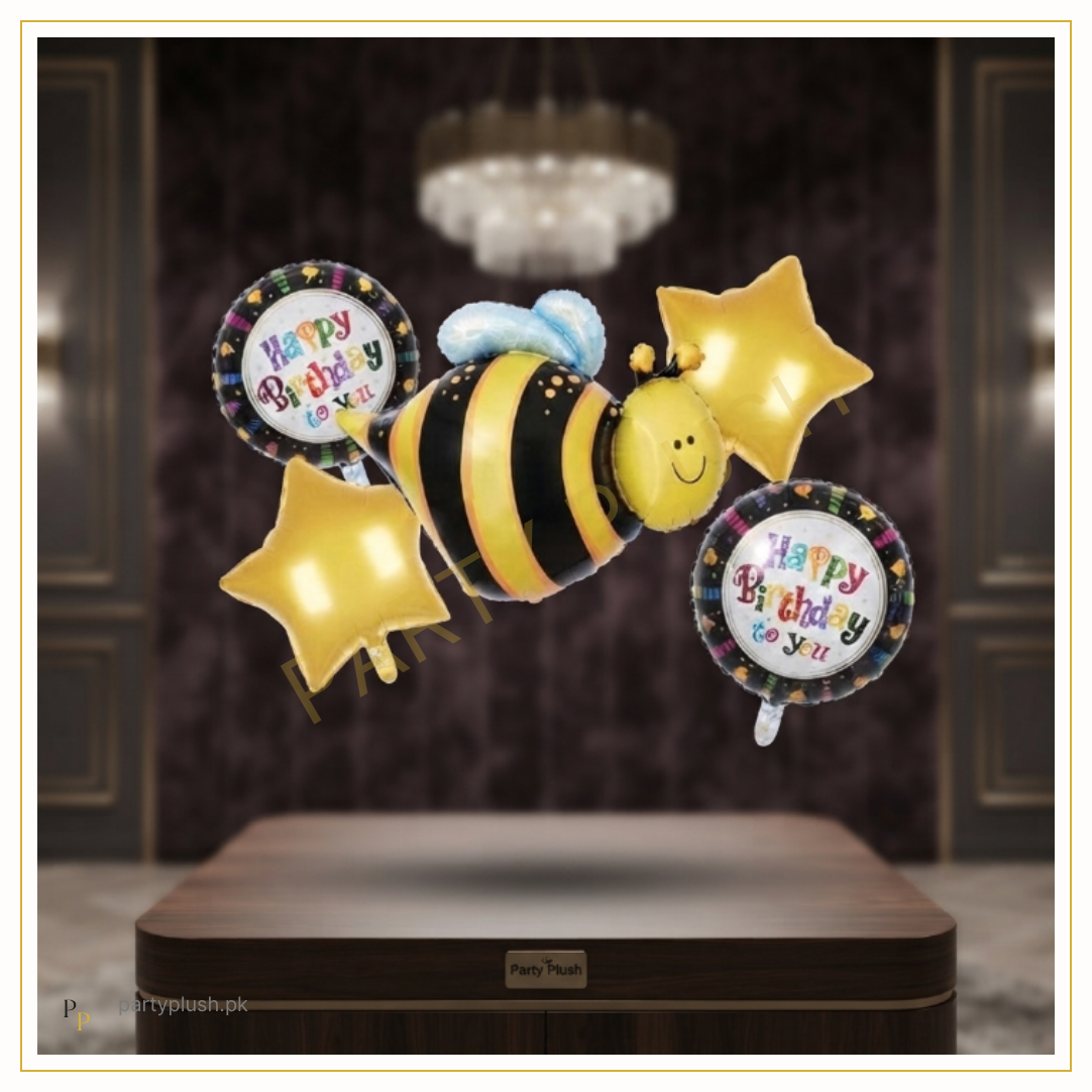 Bee Happy 5 Pcs foil balloon decoration set with one bee foil balloon, two gold star foil balloons, and two Happy Birthday printed round foil balloons.