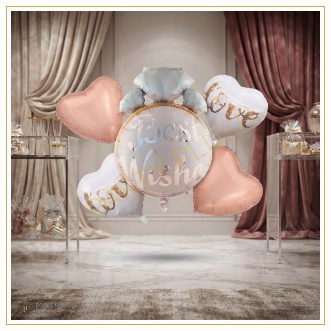 Bride To Be 5 Pcs foil balloon decoration set featuring one Bride To Be printed round balloon, two white heart balloons with Bride text, and two rose gold heart foil balloons.