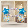 Happy Birthday Frame 5 Pcs foil balloon decoration set featuring one Happy Birthday frame foil balloon, two blue star foil balloons, and two Happy Birthday printed round foil balloons.