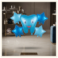 Tooth 5 Pcs foil balloon decoration set featuring one smiling blue tooth foil balloon and four blue star foil balloons.