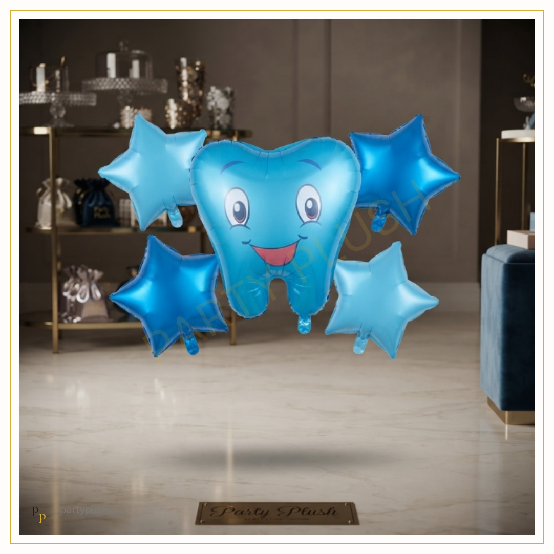 Tooth 5 Pcs foil balloon decoration set featuring one smiling blue tooth foil balloon and four blue star foil balloons.