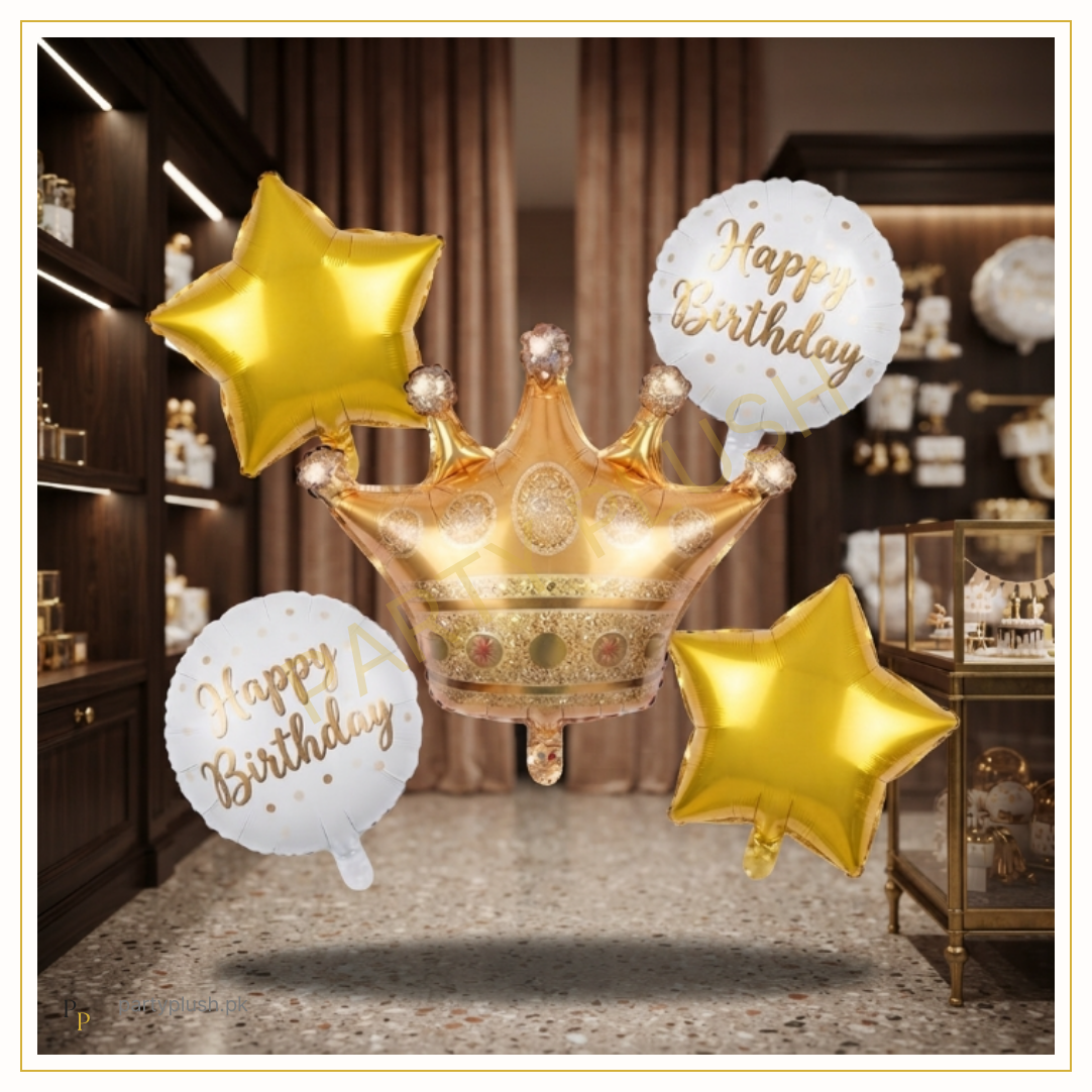 Royal Crown 5 Pcs foil balloon decoration set with one crown foil balloon, two Happy Birthday printed round foil balloons, and two star or heart foil balloons.
