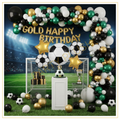 Football birthday decoration featuring gold Happy Birthday foil balloons, football balloons, black green gold balloon arch, soccer goal backdrop and premium birthday party setup.