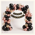 lack and rose gold birthday decoration set with metallic balloons, confetti balloons and gold banner
