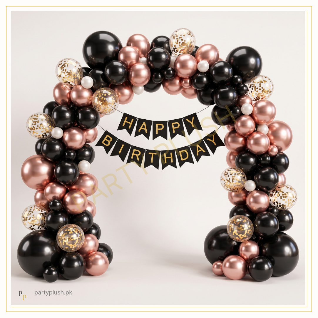 lack and rose gold birthday decoration set with metallic balloons, confetti balloons and gold banner