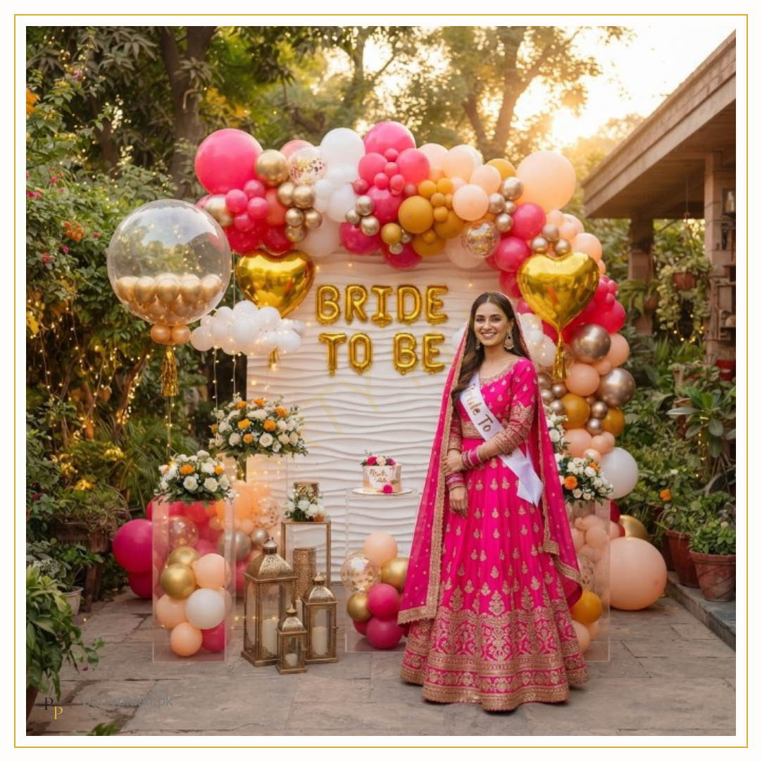 Punjabi Phulkari Bride decoration with pink, peach and gold balloon arch, gold heart foil balloons, Bride To Be foil letters and elegant outdoor bridal shower backdrop.