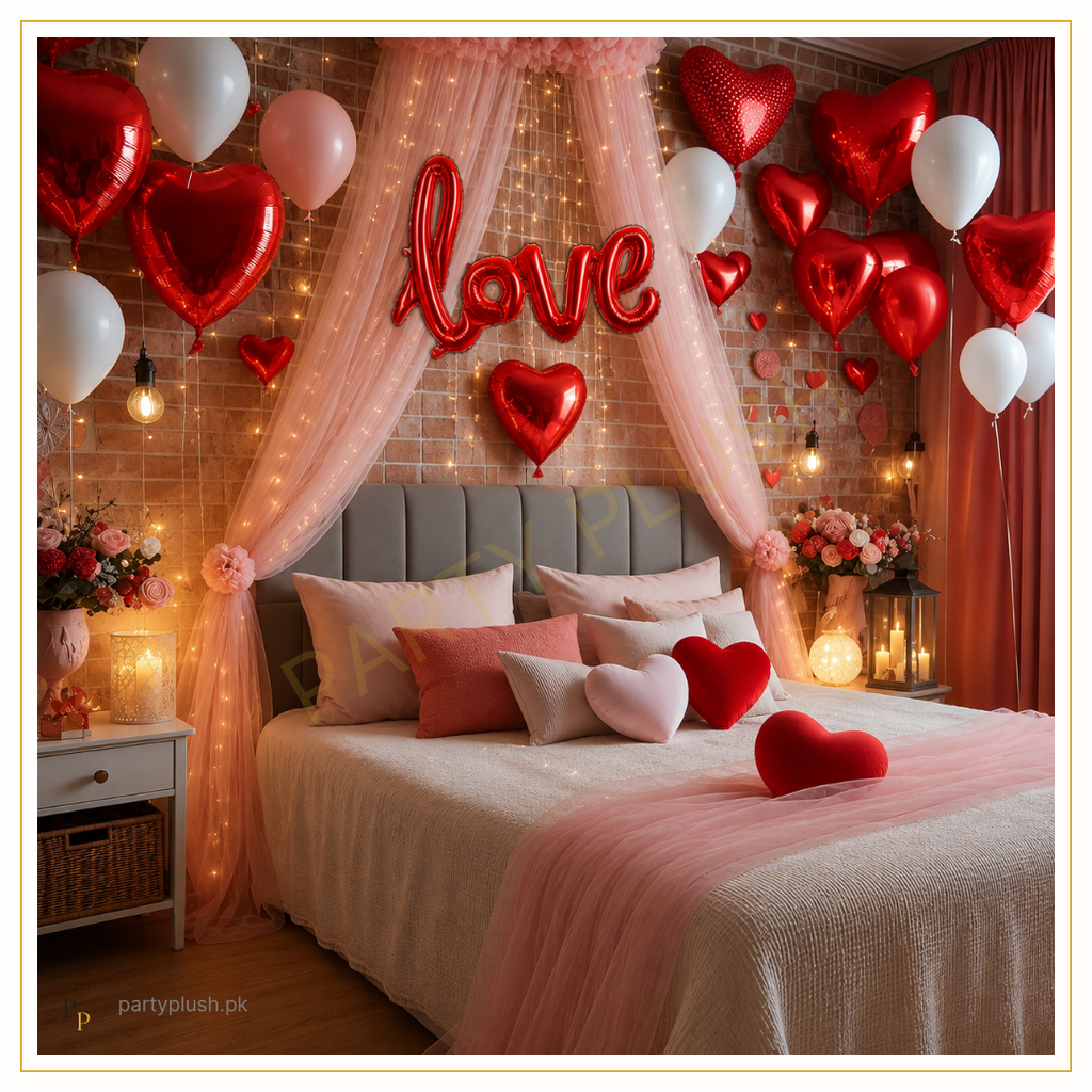 Romantic bedroom anniversary decoration with pink net canopy, fairy lights, red heart foil balloons and elegant anniversary setup.