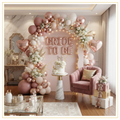 Royal Rose Bride decoration with rose gold, blush pink and ivory balloon arch, rose gold Bride To Be foil letters, heart foil balloons and elegant bridal shower backdrop.