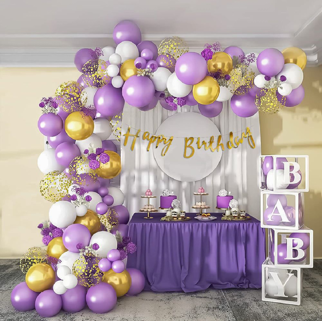 Purple and Golden Happy Birthday Decoration Theme Set Includes Net Curtains