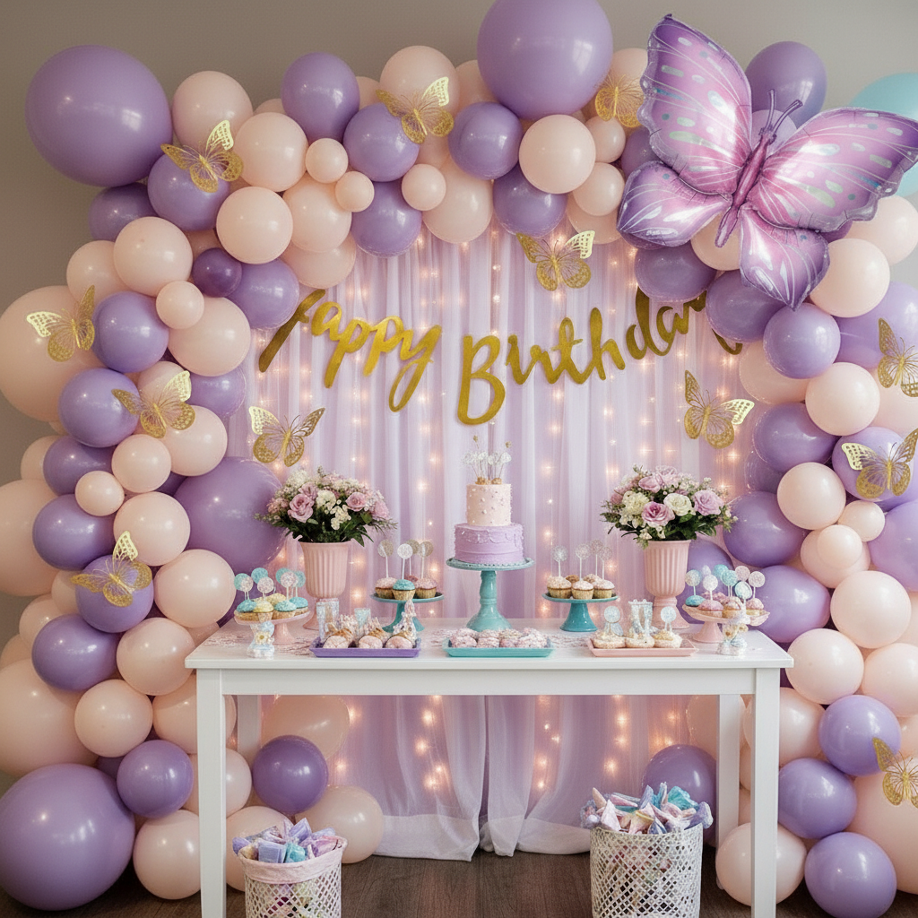 Most Unique 3D Butterfly Happy Birthday Decoration Theme Setup with Fairy Lights & Net Curtain