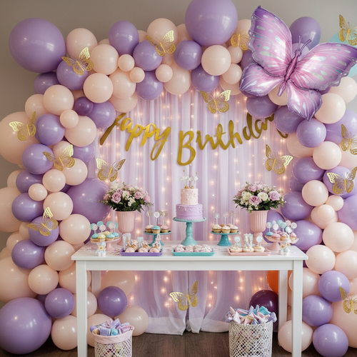 Most Unique 3D Butterfly Happy Birthday Decoration Theme Setup with Fairy Lights & Net Curtain