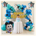 baby micky mouse Teal blue and silver boys birthday balloon garland with silver foil curtain, golden happy birthday letters and character foil balloons