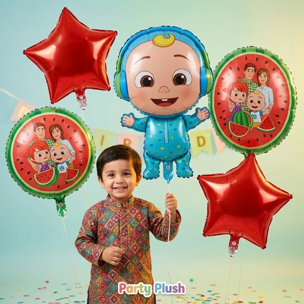 5 Pcs Cocomelon Theme Foil Balloon Set - Cute Baby Boy, Family & Star Balloons for Kids Birthday Party Decoration