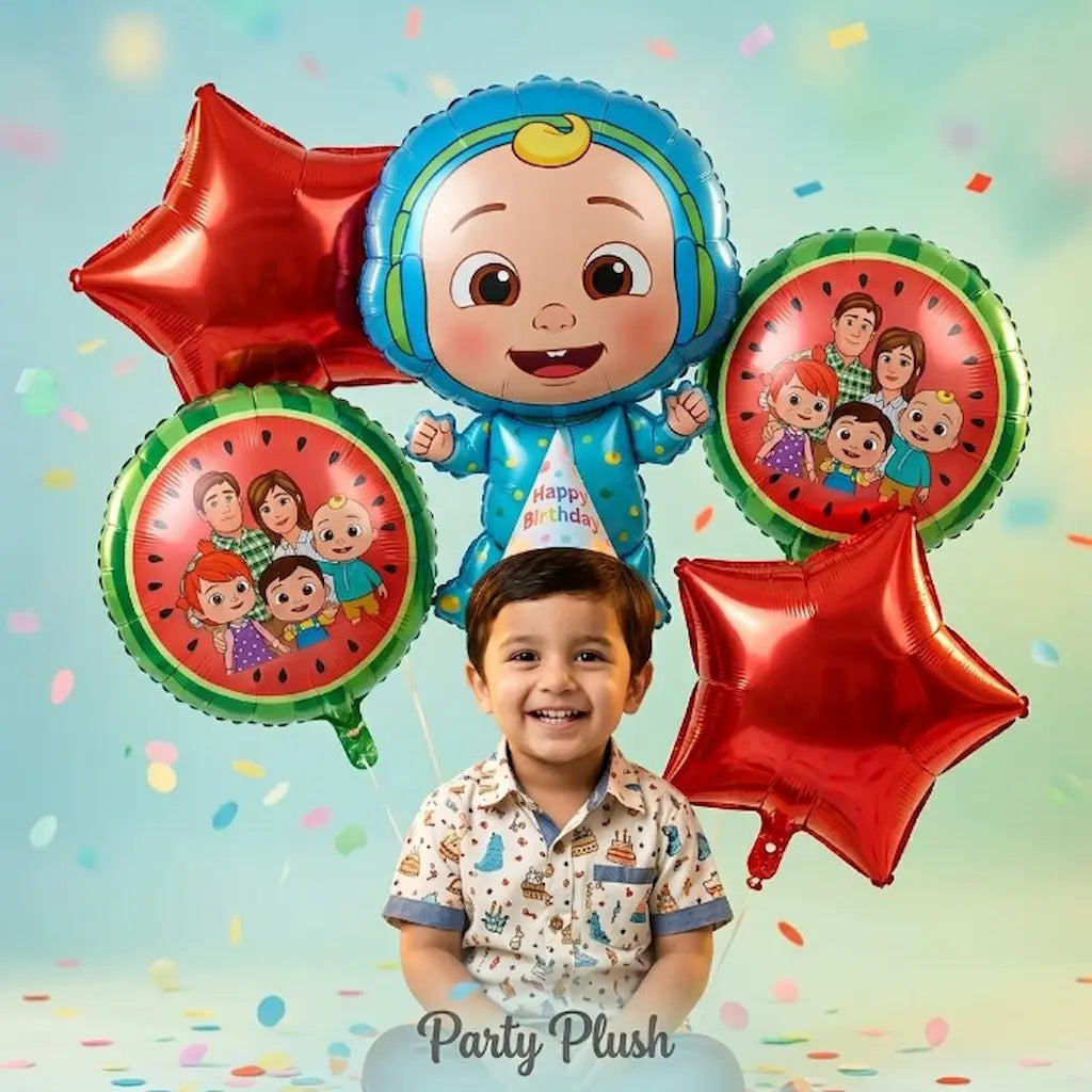 5 Pcs Cocomelon Theme Foil Balloon Set - Cute Baby Boy, Family & Star Balloons for Kids Birthday Party Decoration