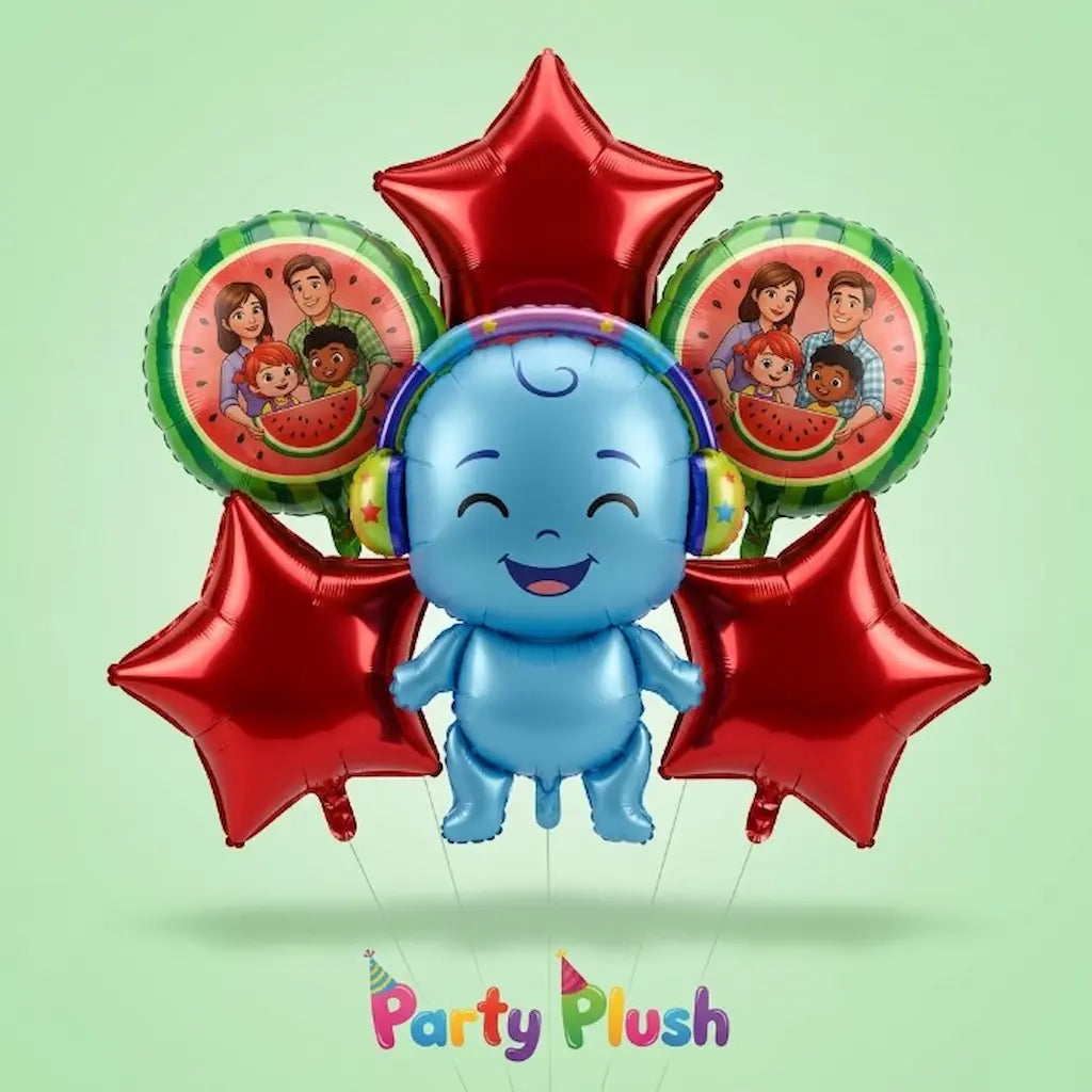 5 Pcs Cocomelon Theme Foil Balloon Set - Cute Baby Boy, Family & Star Balloons for Kids Birthday Party Decoration