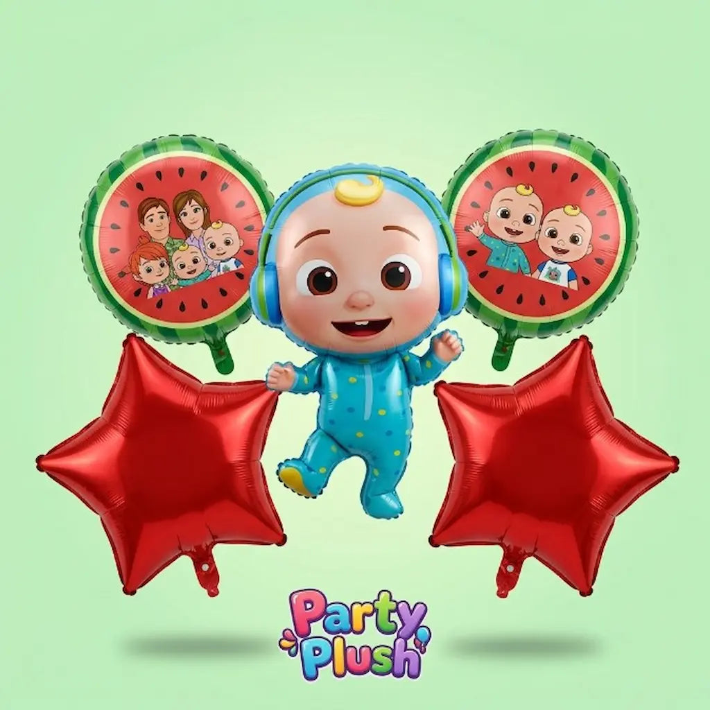 5 Pcs Cocomelon Theme Foil Balloon Set - Cute Baby Boy, Family & Star Balloons for Kids Birthday Party Decoration